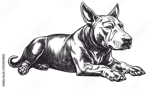 Dog lying down with alert expression, pet canine design, linear icons set, vector.