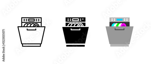 Dishwasher icon. Automatic dish cleaning sign. Kitchen appliance for washing dishes symbol. Modern home equipment pictogram. Efficient dishwasher illustration.