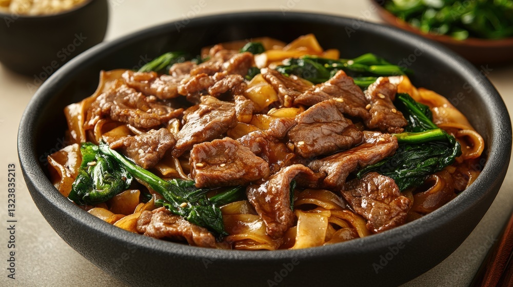 a close-up shot of a delicious bowl of beef noodles with fresh greens. The noodles are thick and flavorful, topped with tender pieces of beef and vibrant green vegetables a close-up shot of a delicious bowl of beef noodles with fresh greens. The noodles are thick and flavorful, topped with tender pieces of beef and vibrant green vegetables
