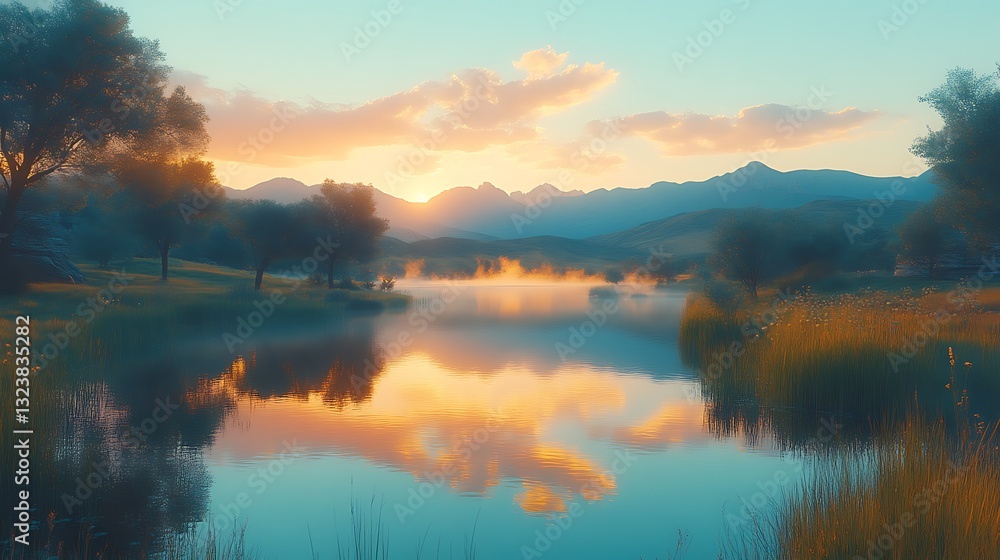 Fototapeta premium Serene Sunrise Over Misty Mountain Lake Landscape