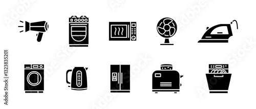 Home appliance icon set. Household devices, kitchen electronics, and cleaning equipment sign. Washing, cooking, and cooling symbol. Modern technology, domestic tools, and home essentials illustration.