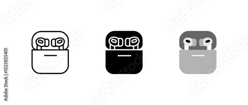 Wireless earbuds icon. Bluetooth earphones sign. Audio device with charging case symbol. Modern sound technology pictogram. Digital music gadget illustration.