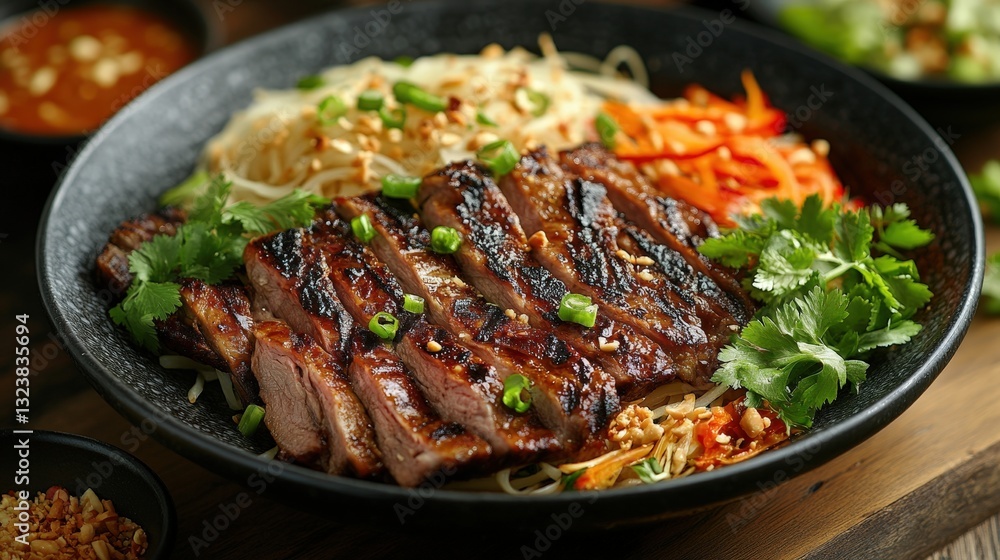 delicious grilled meat and noodle dish in bowl, capturing the textures and colors delicious grilled meat and noodle dish in bowl, capturing the textures and colors