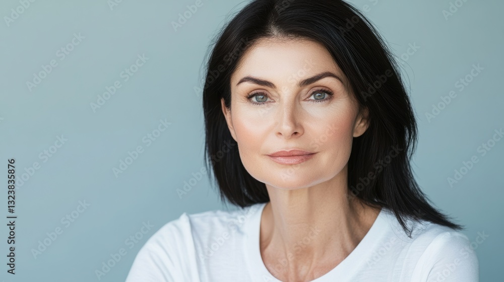 Serene Portrait: A mature woman's elegant and composed face radiates with subtle grace, her gaze direct yet gentle, capturing a timeless beauty. Serene Portrait: A mature woman's elegant and composed face radiates with subtle grace, her gaze direct yet gentle, capturing a timeless beauty.