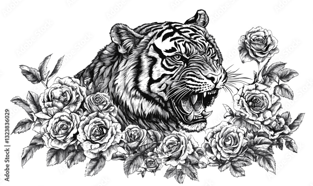 Obraz premium Fierce tiger roaring with roses floral design vector, linear icons set.