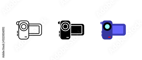 Camcorder icon. Digital video recording device sign. Portable camera, lens, and display symbol. Technology, media, and filming illustration.