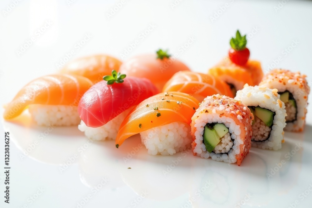 Exquisite assortment of sushi on a white plate Exquisite assortment of sushi on a white plate