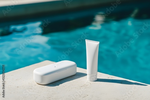 A small white skincare tube and bottle next to the pool, high-definition photography. mock-up photography