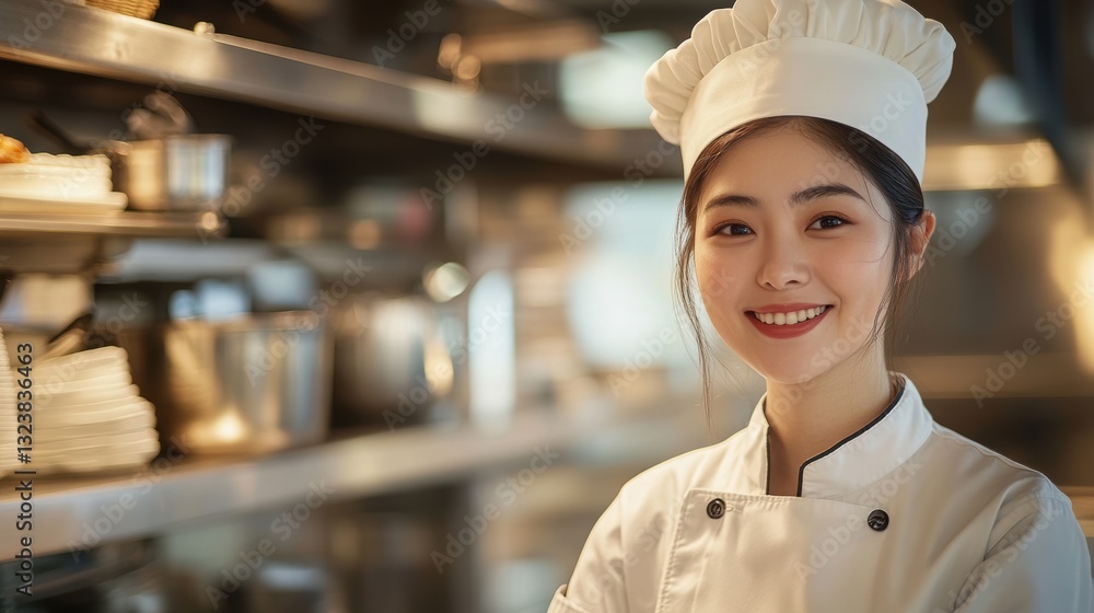Culinary Delight: A radiant chef beams with confidence and passion amidst the culinary hubbub of the kitchen, encapsulating a spirit of expertise. Culinary Delight: A radiant chef beams with confidence and passion amidst the culinary hubbub of the kitchen, encapsulating a spirit of expertise.