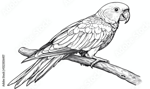 Parrot on branch in black and white: detailed line art bird icons set, vector, style: linear.