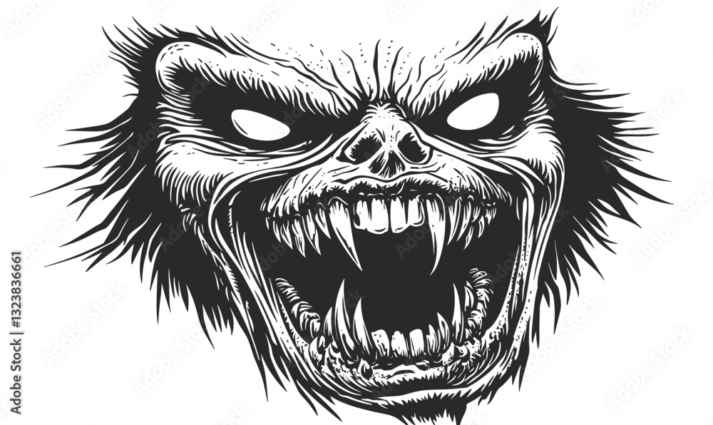 Obraz premium Fierce monster head icon set, linear vector style with detailed fangs and angry expression.