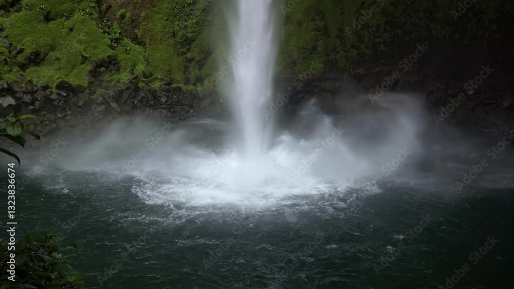 Medium landscape shot of the famous La Fortuna waterfall crash into the water below surrounded by green vibrant tropical foliage in a rainforest in Costa Rica Medium landscape shot of the famous La Fortuna waterfall crash into the water below surrounded by green vibrant tropical foliage in a rainforest in Costa Rica