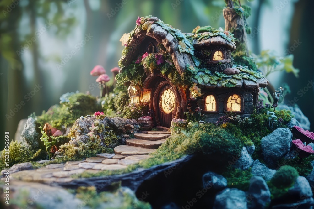 Fototapeta premium Charming miniature cottage nestled in a lush forest with vibrant mushrooms and glowing windows at twilight