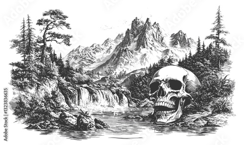 Mysterious skull by mountain and waterfall - linear icons set, vector.