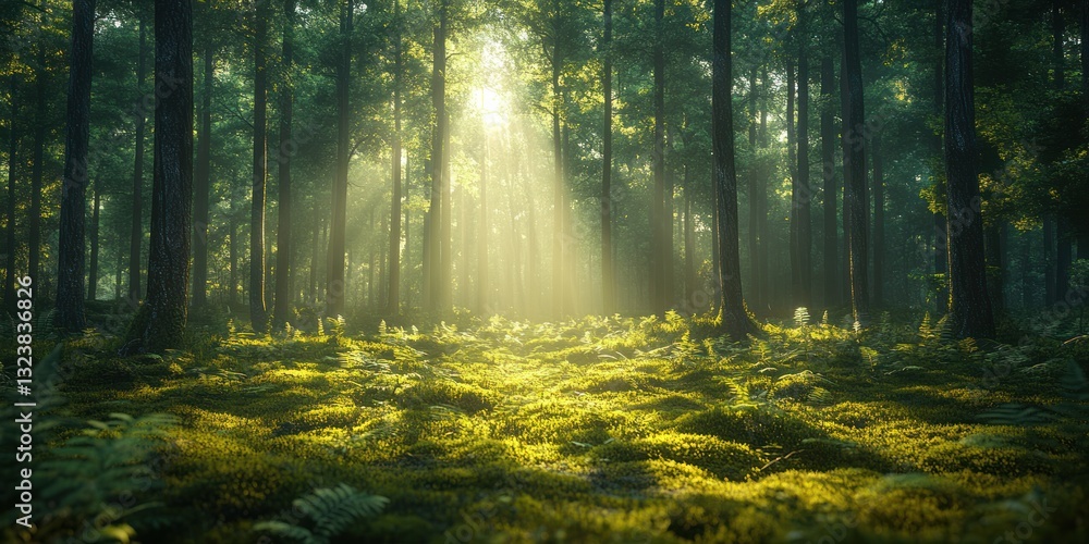 Obraz premium Lush Spring Forest Scene with Sunlight and Tranquil Atmosphere