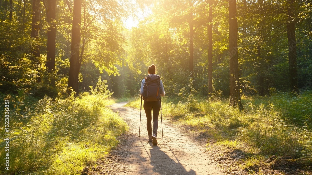 Fototapeta premium Person hiking with weighted backpack on nature trail, showcasing outdoor fitness training and endurance building in natural environment.