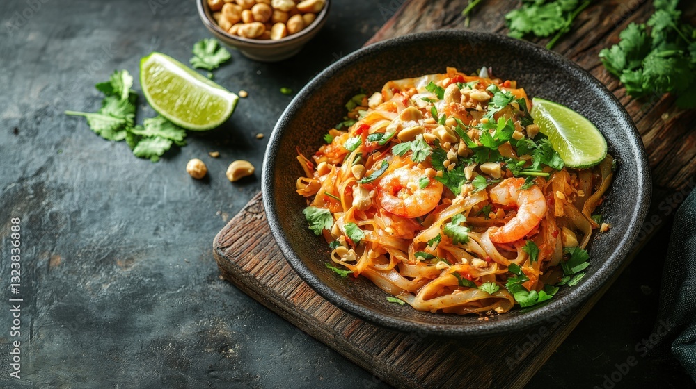 delicious Pad Thai noodles with shrimp, peanuts, cilantro and lime slices, presented beautifully in a bowl delicious Pad Thai noodles with shrimp, peanuts, cilantro and lime slices, presented beautifully in a bowl