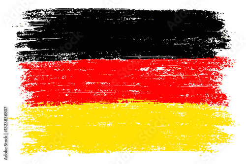 Grunge vector representation of the German flag with rough brush strokes and a distressed texture. The black, red, and yellow colors are hand-painted, creating a bold. For posters, banners.