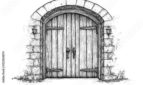 Medieval wooden door with stone archway in linear art style, icons set, vector.