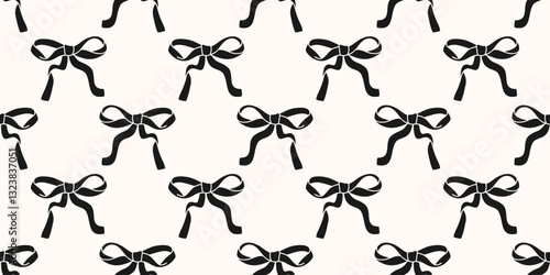 Minimalistic monochrome summer seamless pattern with decorative black ribbon bow, hand drawn element, negative, silhouette on white background for print, banner, wallpaper, fabric. Flat vector EPS10
