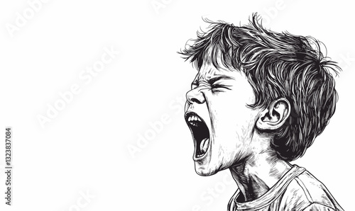 Screaming child in black and white - emotional expression flat icons set - vector.