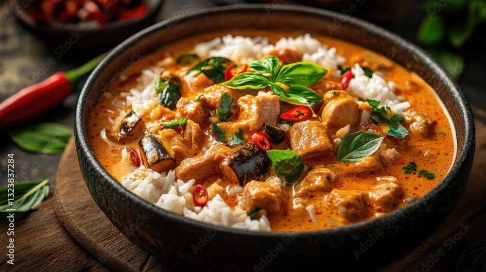 a close-up shot of delicious curry with rice, basil leaves and chili peppers in bowl. The rich colors of the food create a tempting and appetizing a close-up shot of delicious curry with rice, basil leaves and chili peppers in bowl. The rich colors of the food create a tempting and appetizing