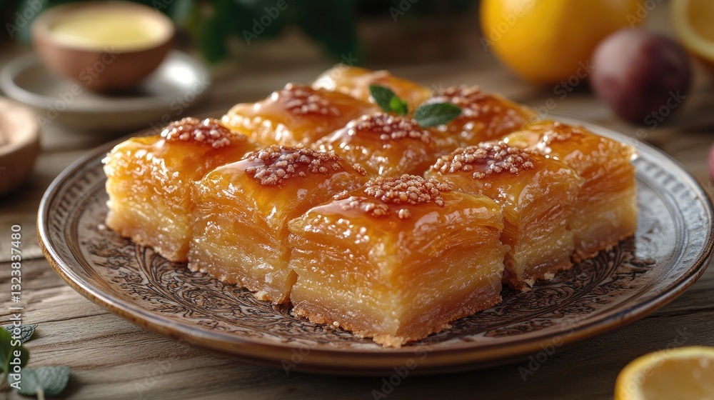 Delicious homemade dessert plate featuring traditional baklava with a glossy honey glaze, served in an elegant setting Delicious homemade dessert plate featuring traditional baklava with a glossy honey glaze, served in an elegant setting