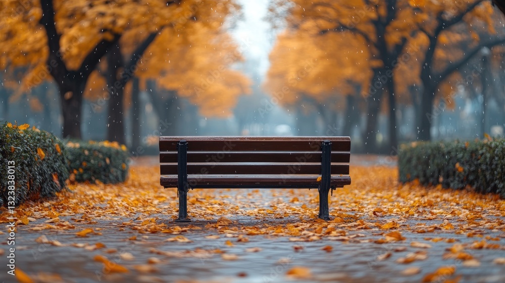 A tranquil autumn park scene featuring a solitary bench surrounded by vibrant orange leaves and gentle rainfall A tranquil autumn park scene featuring a solitary bench surrounded by vibrant orange leaves and gentle rainfall