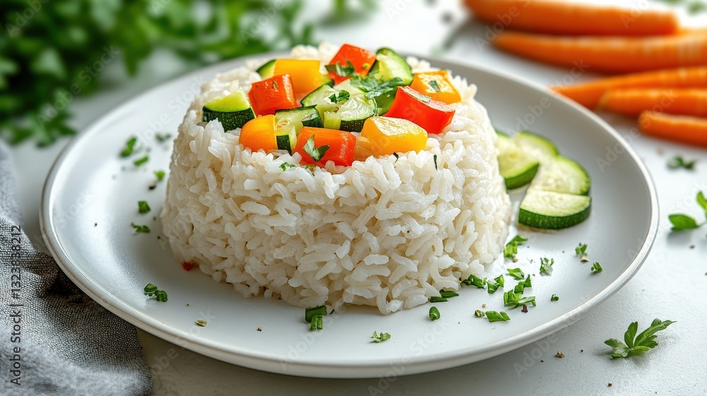 a plate of delicious rice topped with colorful fresh vegetables. The dish looks appetizing with carrots in the background a plate of delicious rice topped with colorful fresh vegetables. The dish looks appetizing with carrots in the background