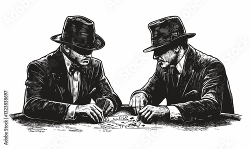 Vintage card players in hats at table, flat linear icons set, vector.