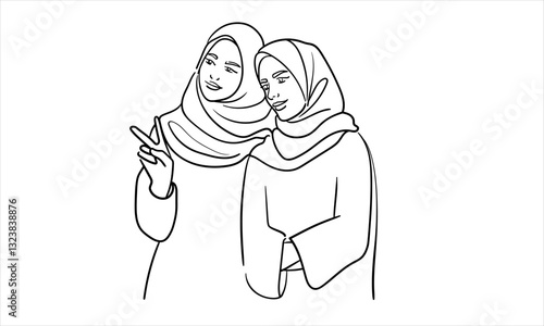 Young muslim womans in burqa, continuous line art drawing. Emirati Women's Day. Woman in a hijab. Vector illustration isolated on white background