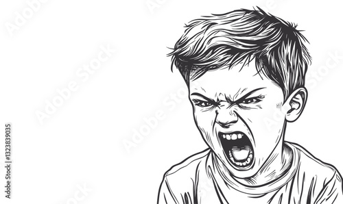 Angry child shouting illustration, black and white, sketch style, vector, linear icons set.