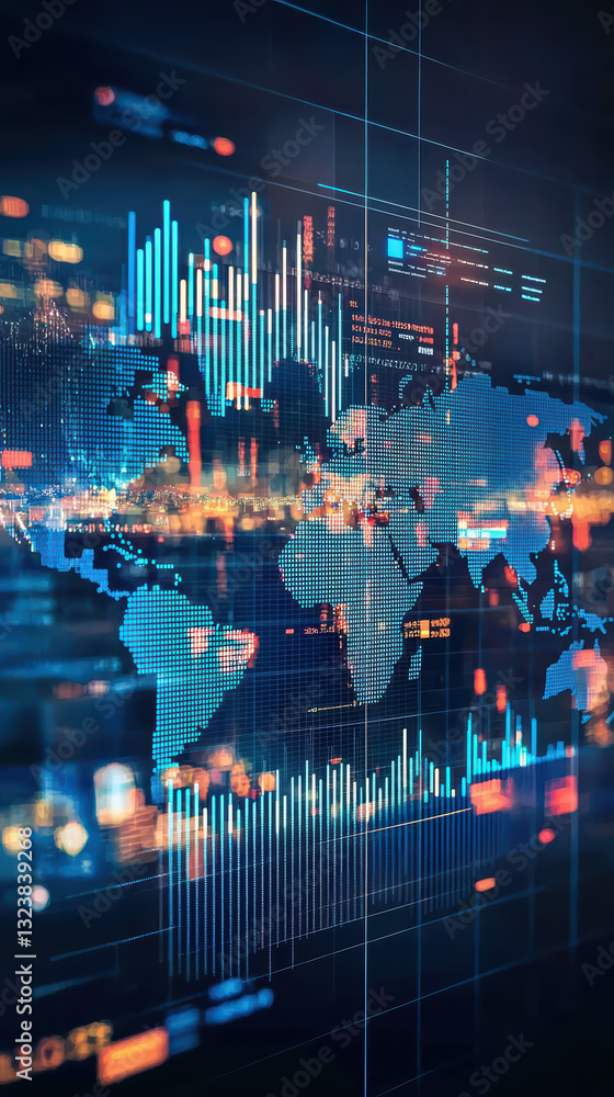 Fototapeta premium Global Data Flow: The world map overlays a vibrant display of interconnected data streams, illustrating the complexity and dynamism of global technology.