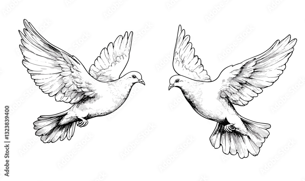 Obraz premium Two flying doves symbolizing peace - linear icons set, vector.