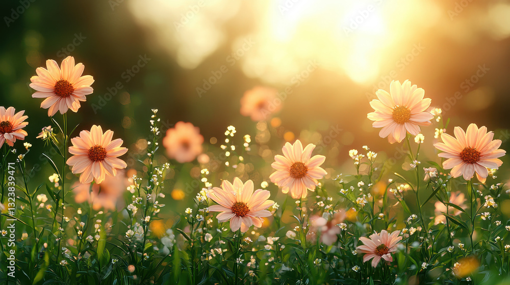 Fototapeta premium A field of vibrant flowers basking in the golden glow of sunlight creates a serene and refreshing scene.