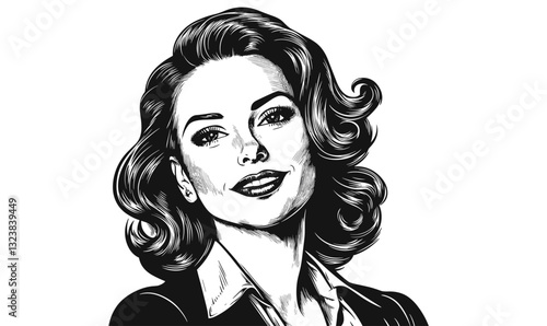 Retro woman portrait with curly hair, black and white design, linear style icons set, vector.
