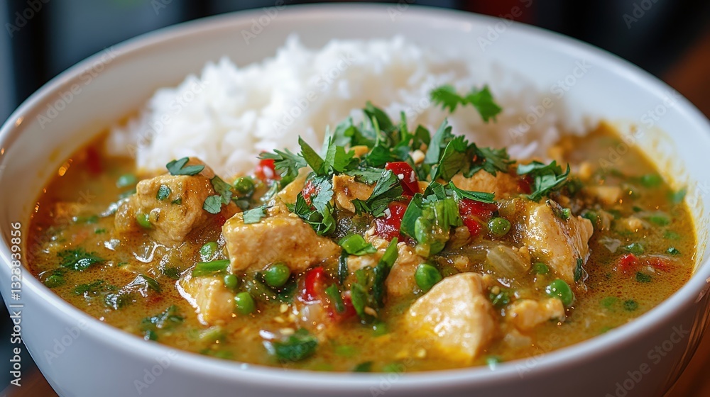 a delicious curry dish with white rice, garnished with fresh herbs, close-up shot a delicious curry dish with white rice, garnished with fresh herbs, close-up shot
