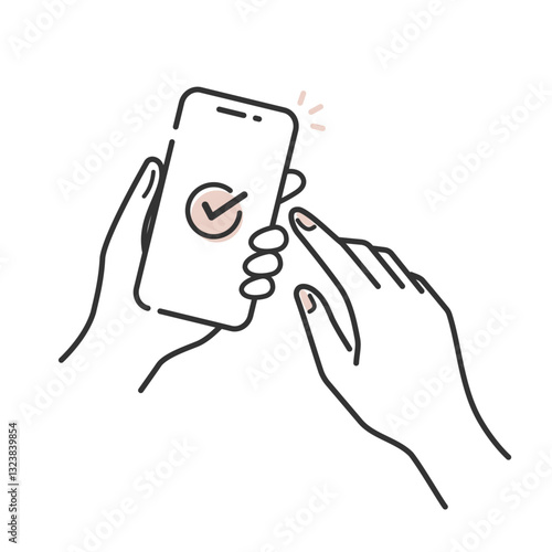 スマホを操作する女性の手とチェックマークの完了アイコン (線画・ベクター)
