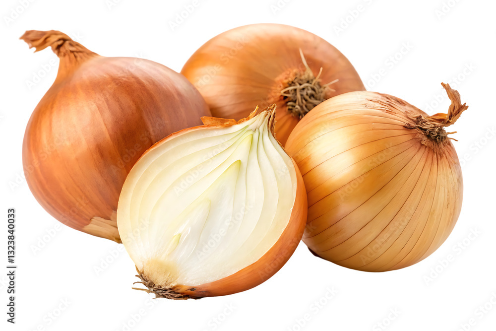 Fototapeta premium Fresh, ripe onions, whole and halved.