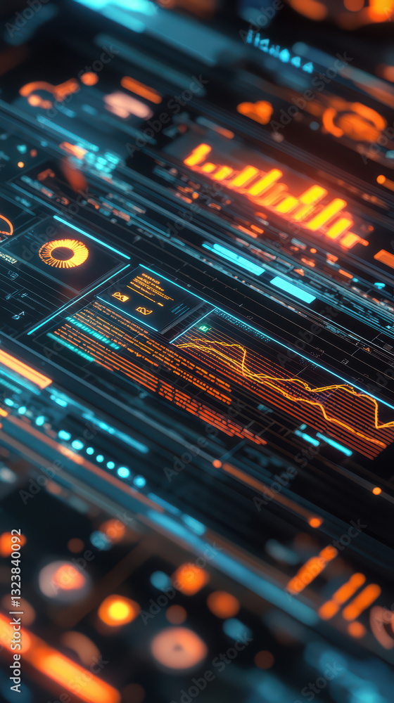 Obraz premium Technological Data Interface: A mesmerizing view of an abstract data interface, showcasing complex charts, graphs, and interactive elements with a futuristic, high-tech vibe.