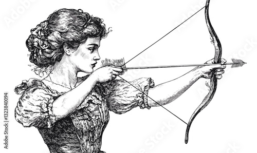 Woman aiming with bow and arrow, antique style, linear, icons set.