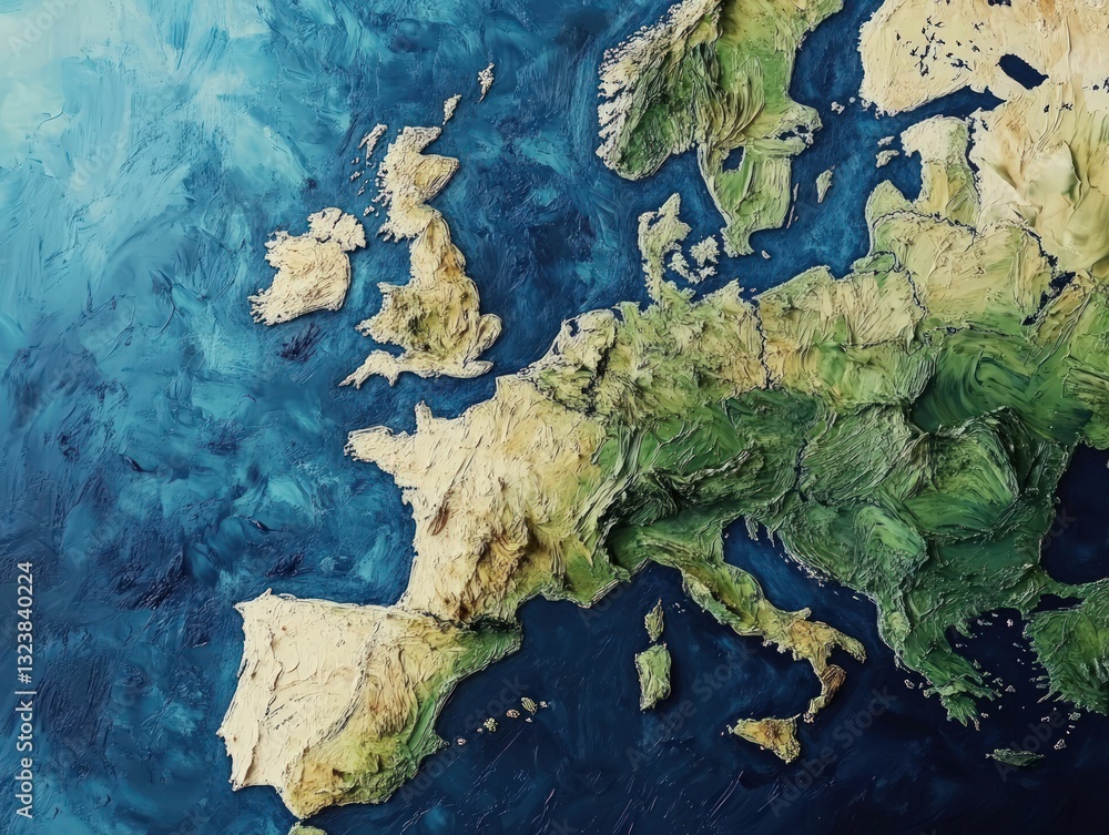 Detailed view of European continent map with green brown land masses and blue water background illuminated by soft light Detailed view of European continent map with green brown land masses and blue water background illuminated by soft light