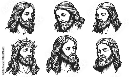Jesus christ portraits icons set - religious, spiritual, art - linear vector.