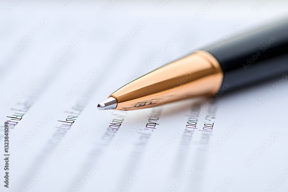a close-up view of a pen resting on a document, ready for signing. The pen is positioned, highlighting its fine details