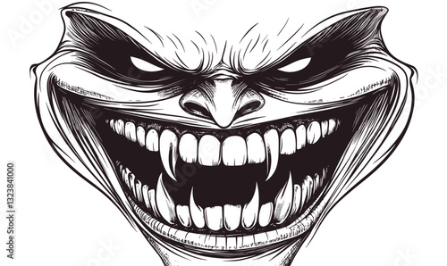 Creepy grinning face with fangs, sinister expression icon set, linear vector.