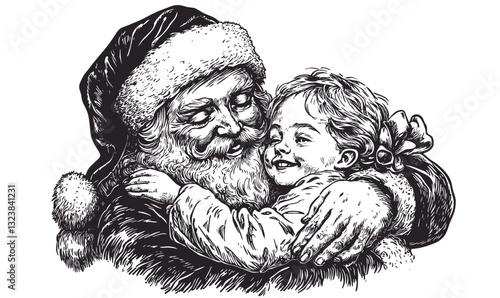Santa and child embracing, joyful christmas scene, flat icons set, vector.