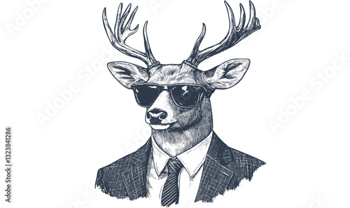 Deer with suit and sunglasses, animal dressed, hipster style icons set, linear vector.