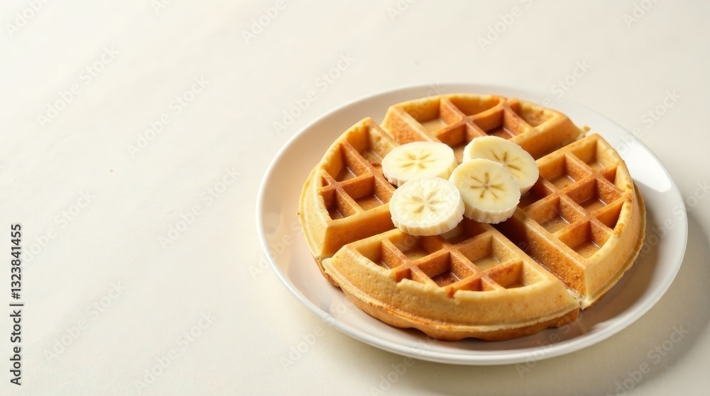 Golden-brown waffle on a plate, adorned with fresh banana slices, a delightful breakfast treat Golden-brown waffle on a plate, adorned with fresh banana slices, a delightful breakfast treat