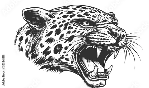 Roaring leopard head illustration in black and white, vector style, linear icons set.