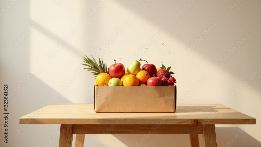 Sunlit arrangement of assorted fresh fruit in a cardboard box on a light wood table Sunlit arrangement of assorted fresh fruit in a cardboard box on a light wood table